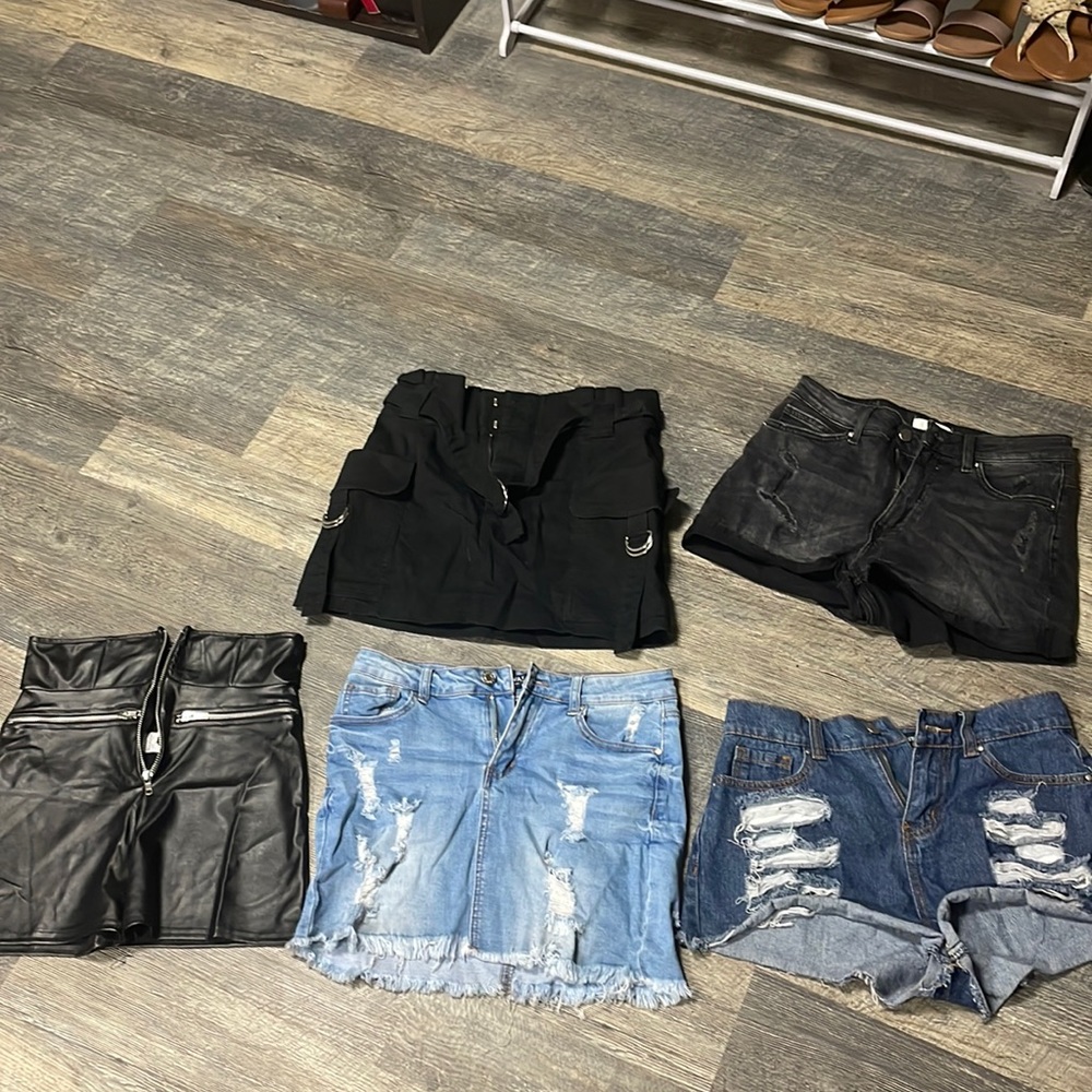 PLT leather shorts, garage skirt, UP jean skirt, H&M black shorts 6, PLT shorts